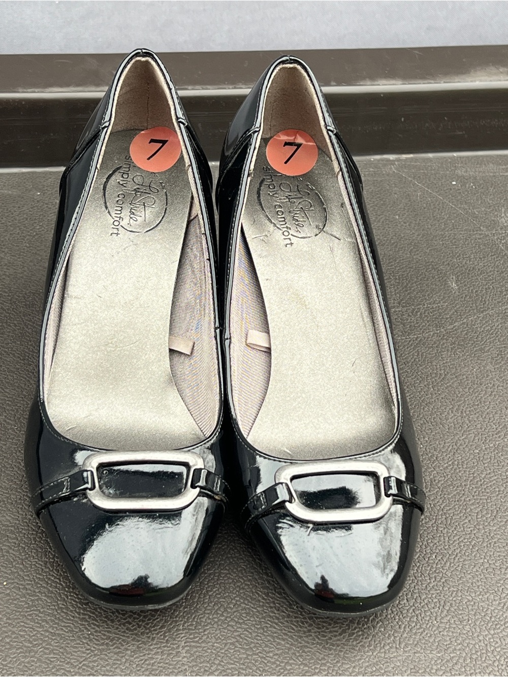 Life Stride Black Patent Heels with Silver Buckle Accent